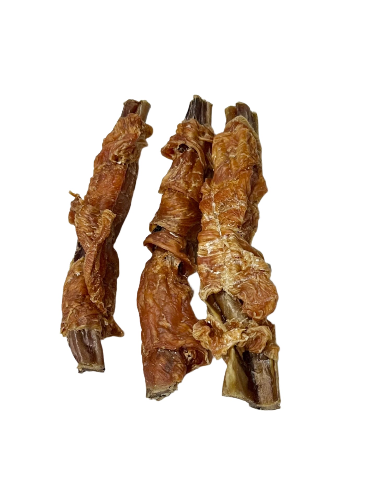 3 chicken & beef twists on a white background