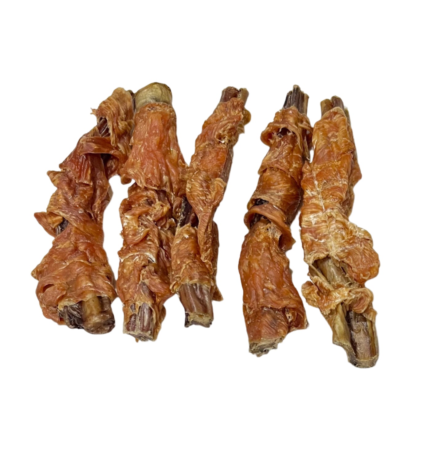 5 chicken & beef twists on a white background