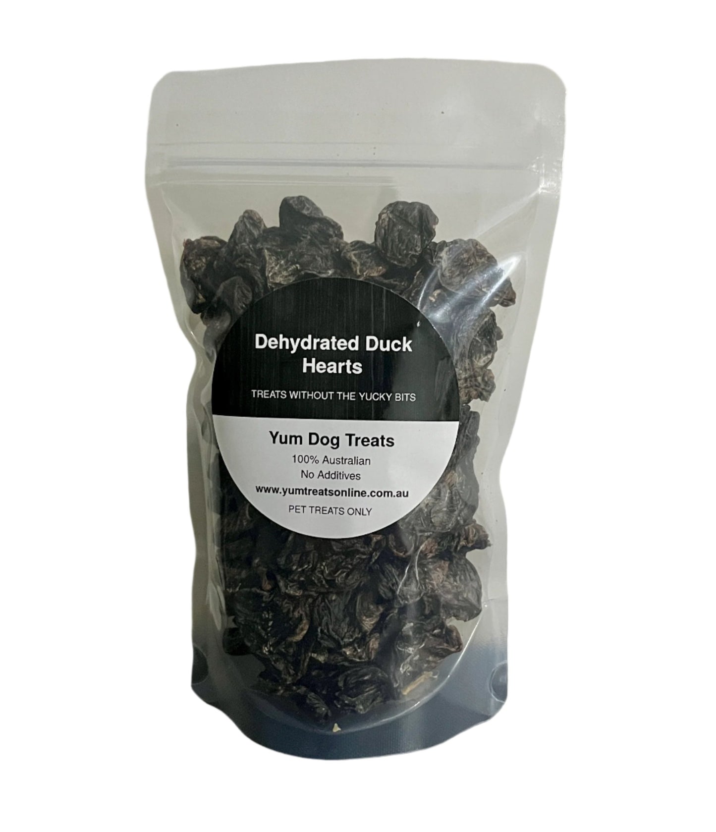 Dehydrated Australian Duck Hearts in a 200g resealable, eco stand up pouch only $38.95 at Yum Dog Treats Online