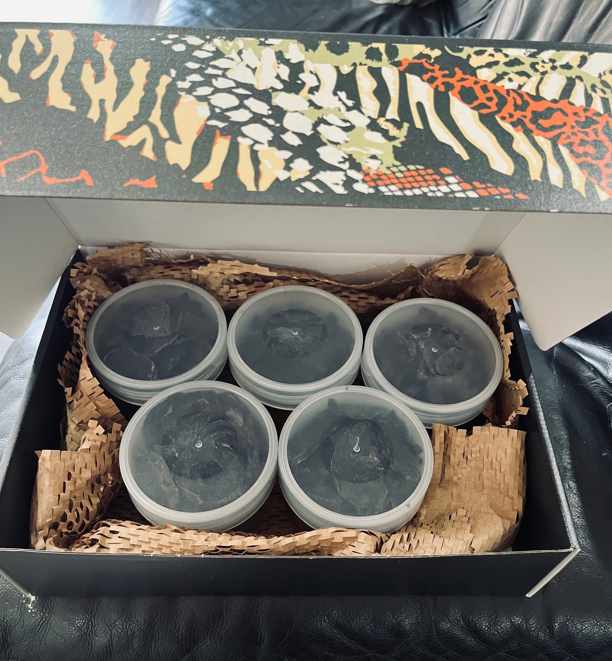 Five containers of gourmet jerky dog treats in a decorative box with a patterned lid.