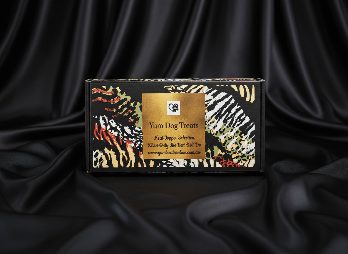 Yum Dog Treats packaging with animal print design on a black satin surface