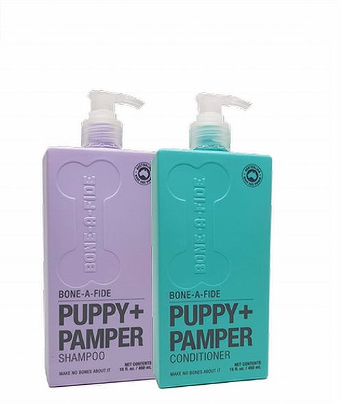 Bone-A-Fide Puppy+ Pamper Pack = Shampoo, Conditioner or both. Great for puppies, older dogs and dogs with allergies