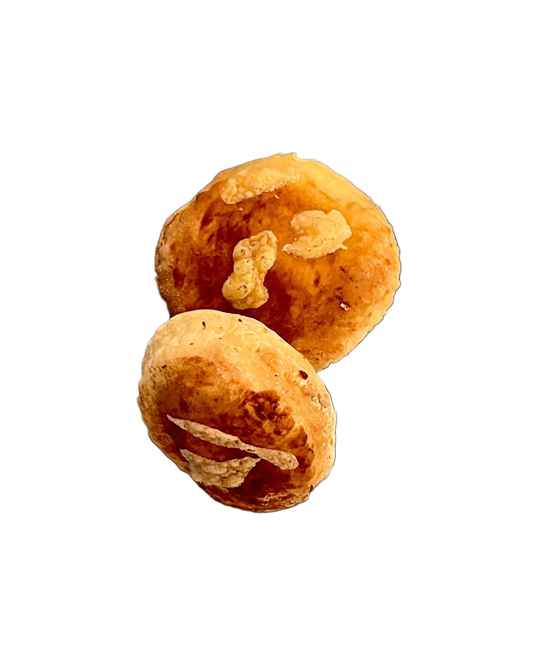 2 round dog biscuits on a white background
